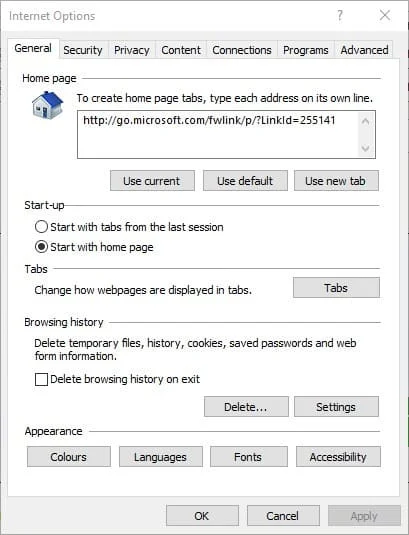 Open Internet Explorer options