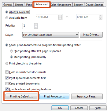 Printer properties window to advanced tab
