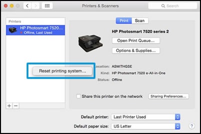 Reset printing system on Mac