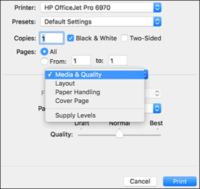 Select unnamed print settings