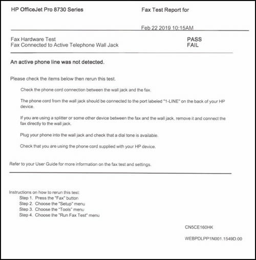 HP printer fax test report